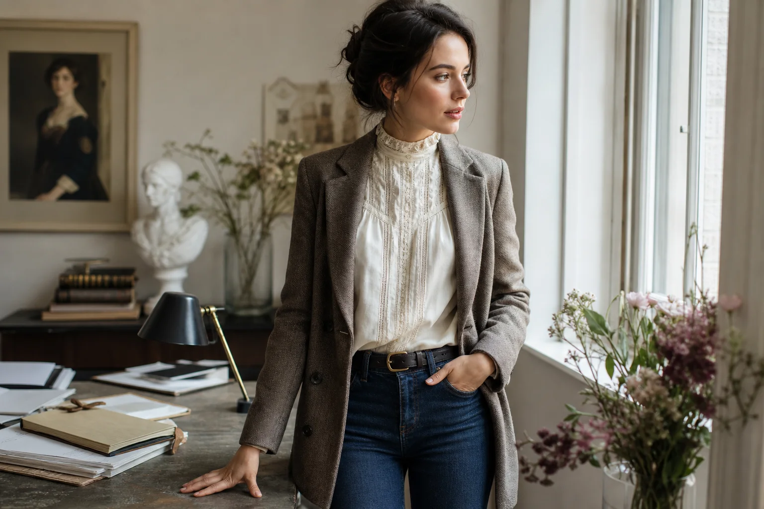 Realistic editorial lifestyle scene illustrating 1900s fashion: edwardian-inspired details for modern outfits