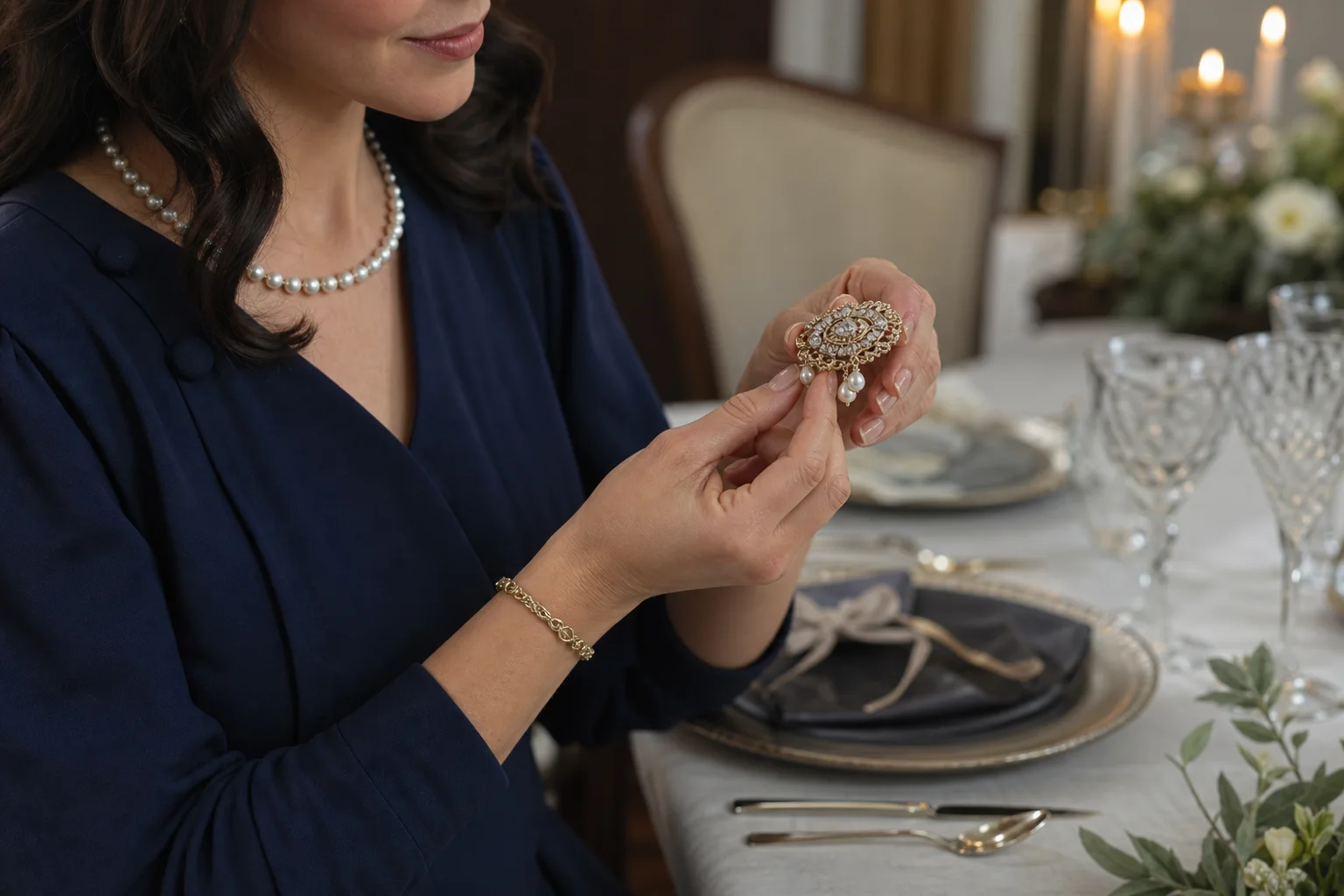 Realistic editorial lifestyle scene illustrating 1930s fashion: elegant details for a modern wardrobe