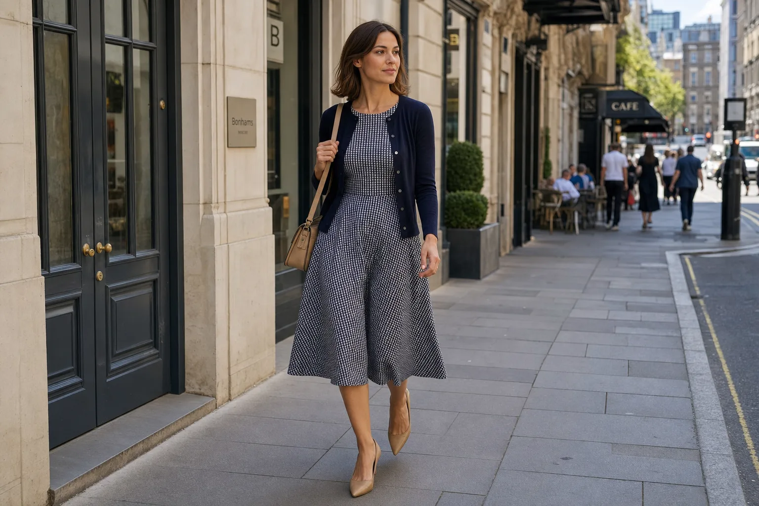Realistic editorial lifestyle scene illustrating 1950s fashion: modern ways to wear the silhouettes