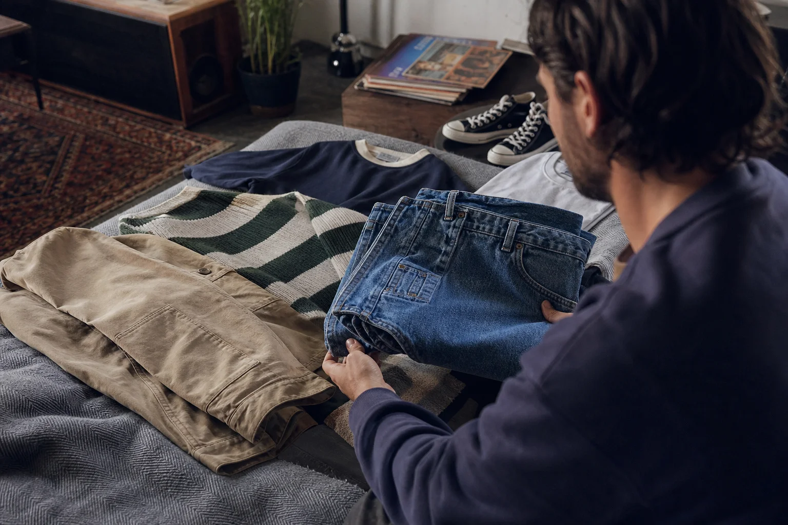 Realistic editorial lifestyle scene illustrating 90s men's fashion: a wearable guide for today