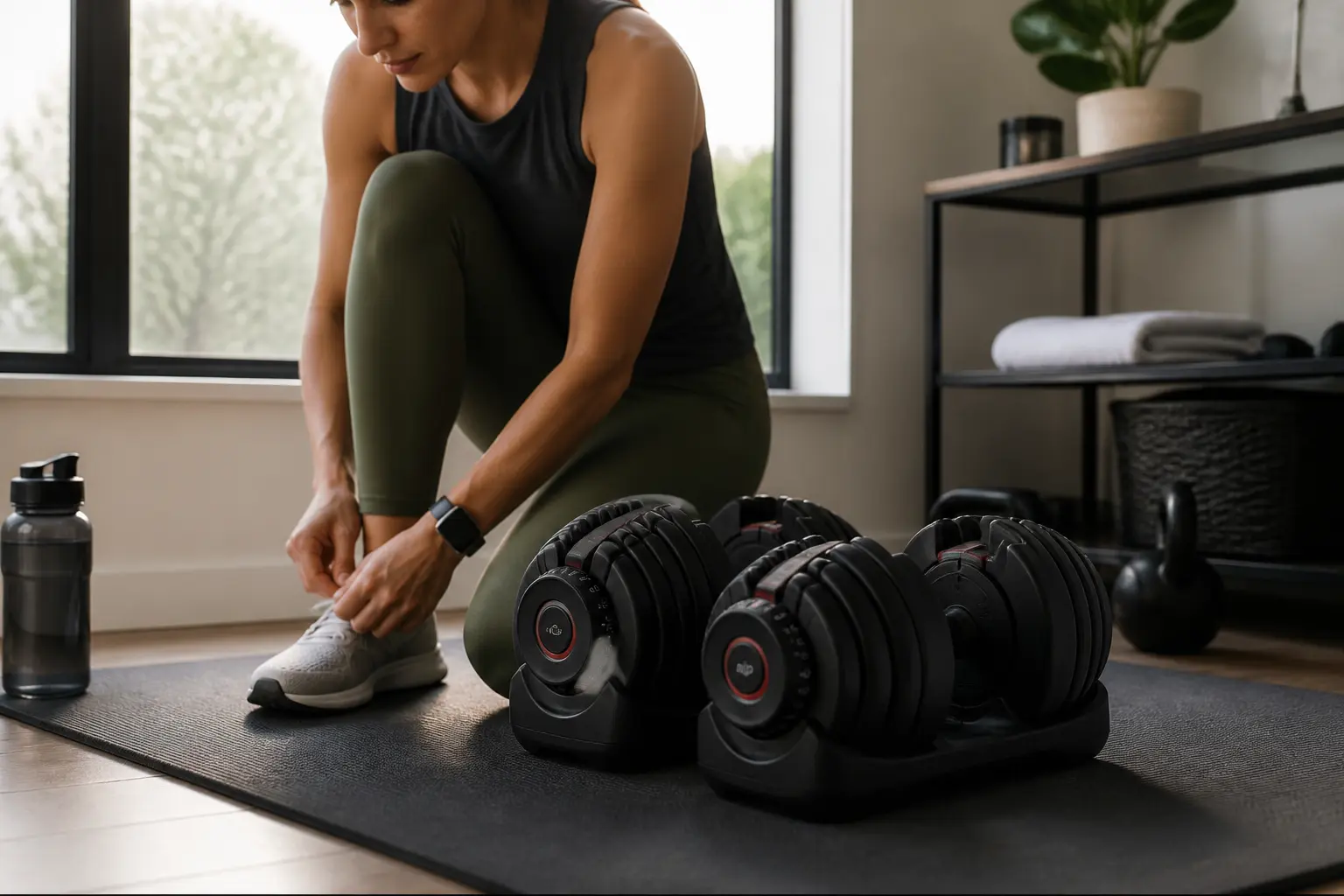 Pair of adjustable dumbbells on a mat in a compact home workout corner