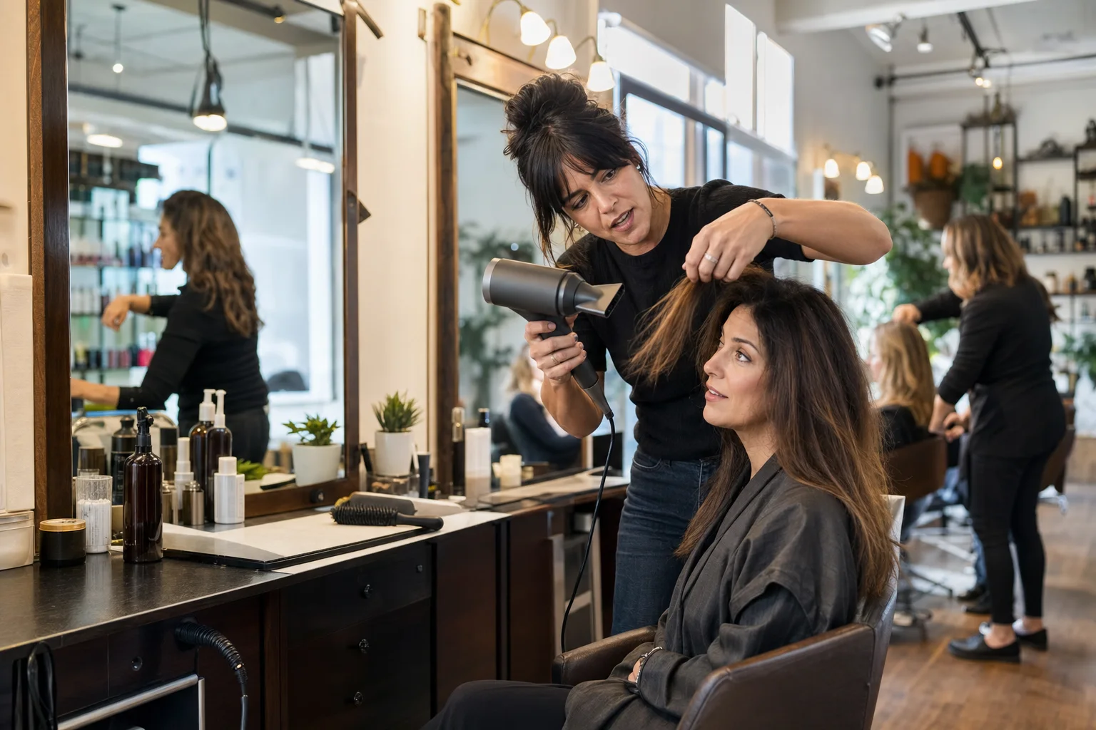 Realistic editorial lifestyle scene illustrating beautiful hair on ordinary mornings: tools that earn their space
