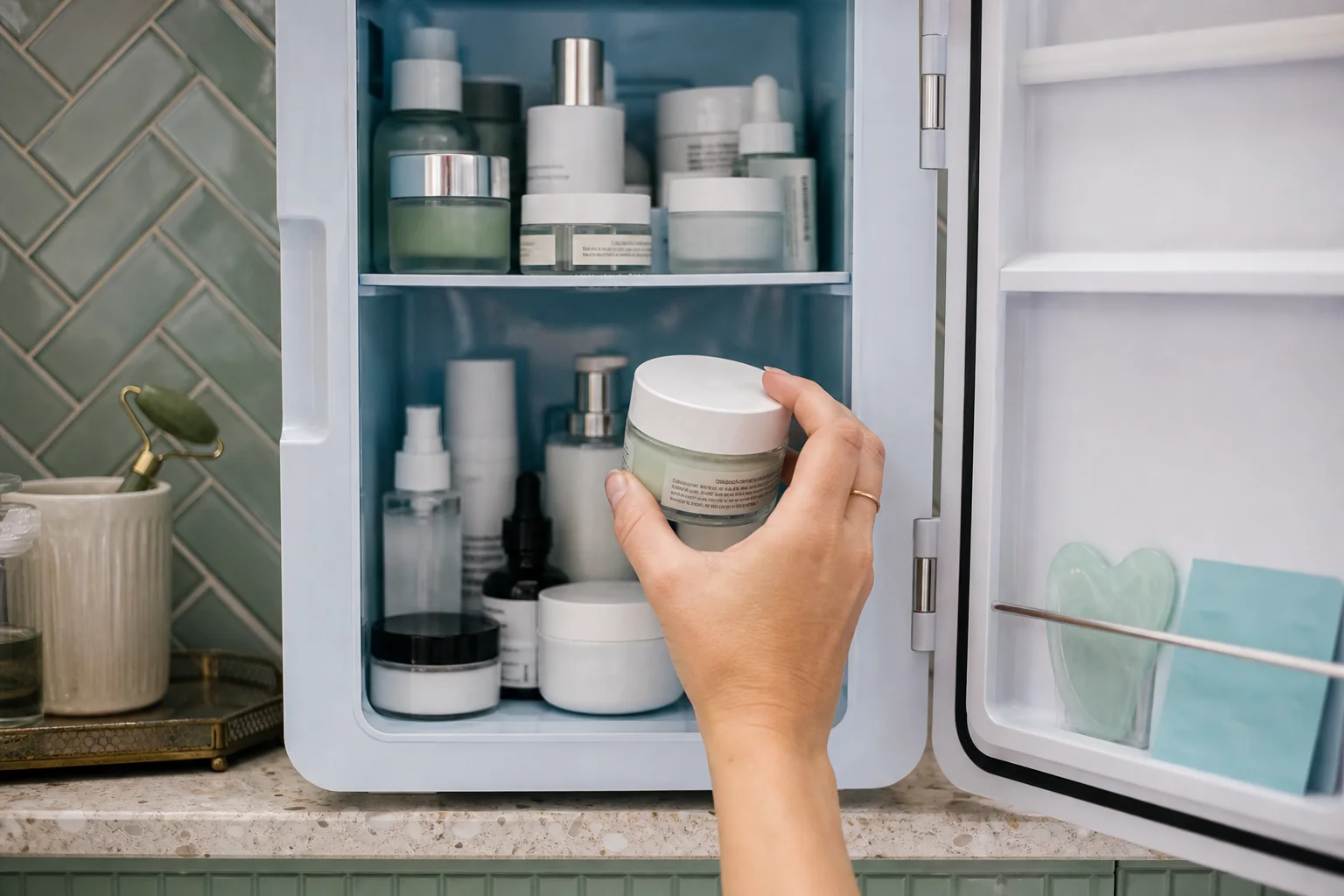 Realistic editorial lifestyle scene illustrating beauty fridge buying guide: useful upgrade or countertop clutter?