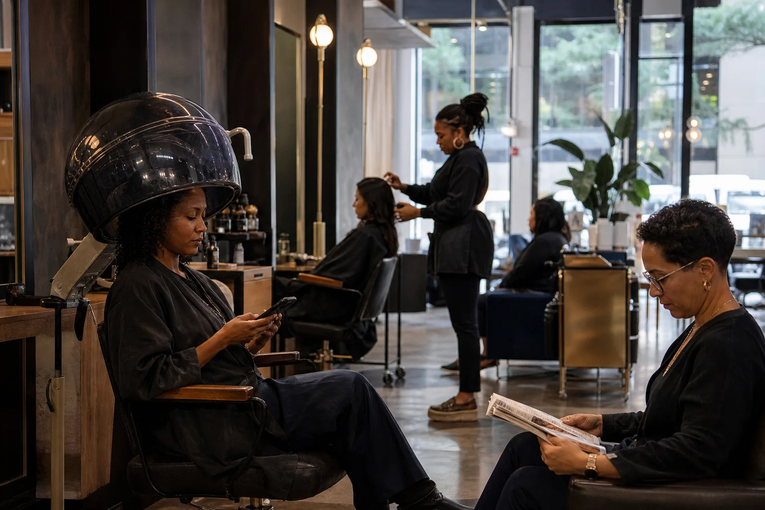 Realistic editorial lifestyle scene illustrating beauty salon hair dryer features worth bringing home