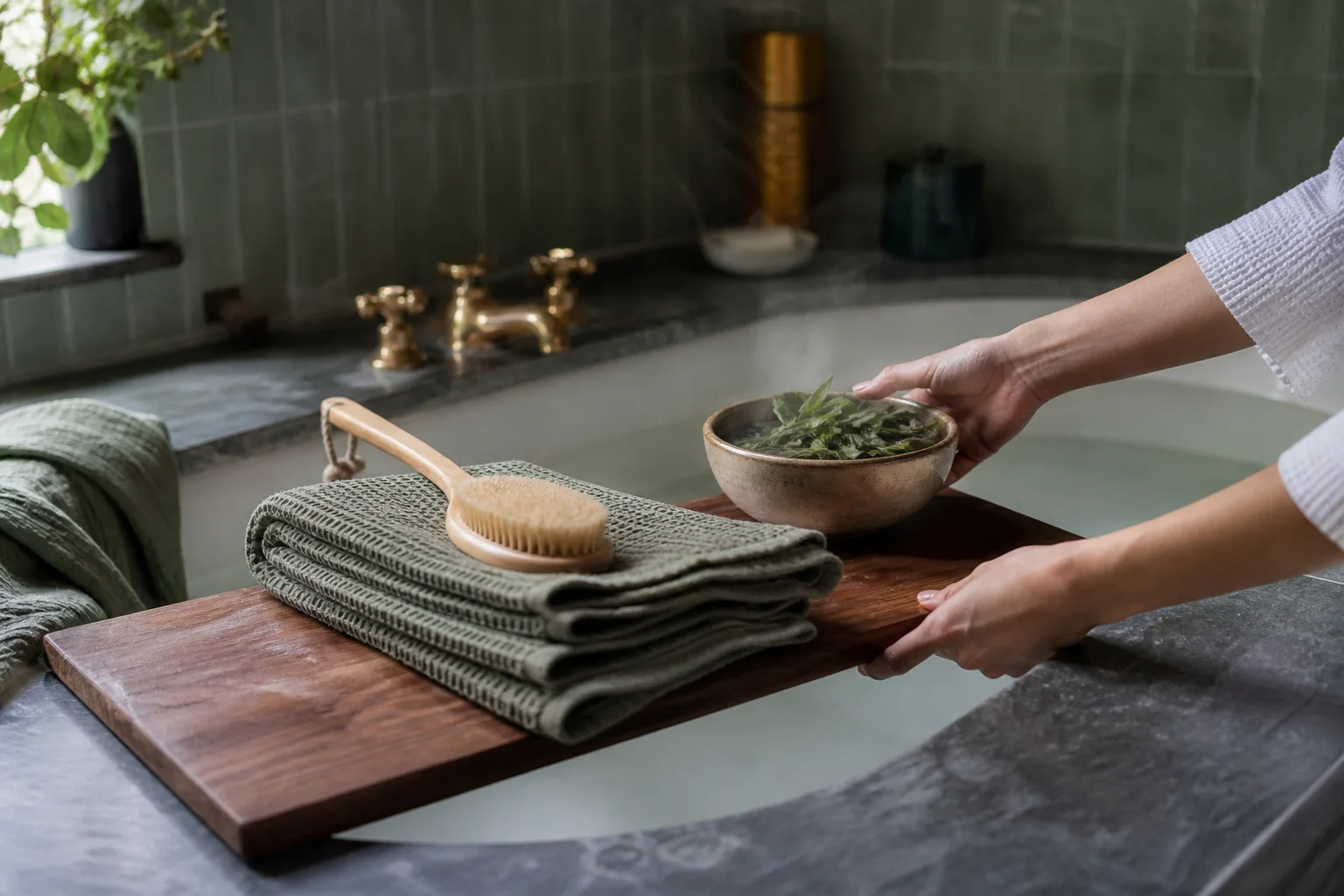 Realistic editorial lifestyle scene illustrating beauty spa at home: a calm, useful setup without the clutter