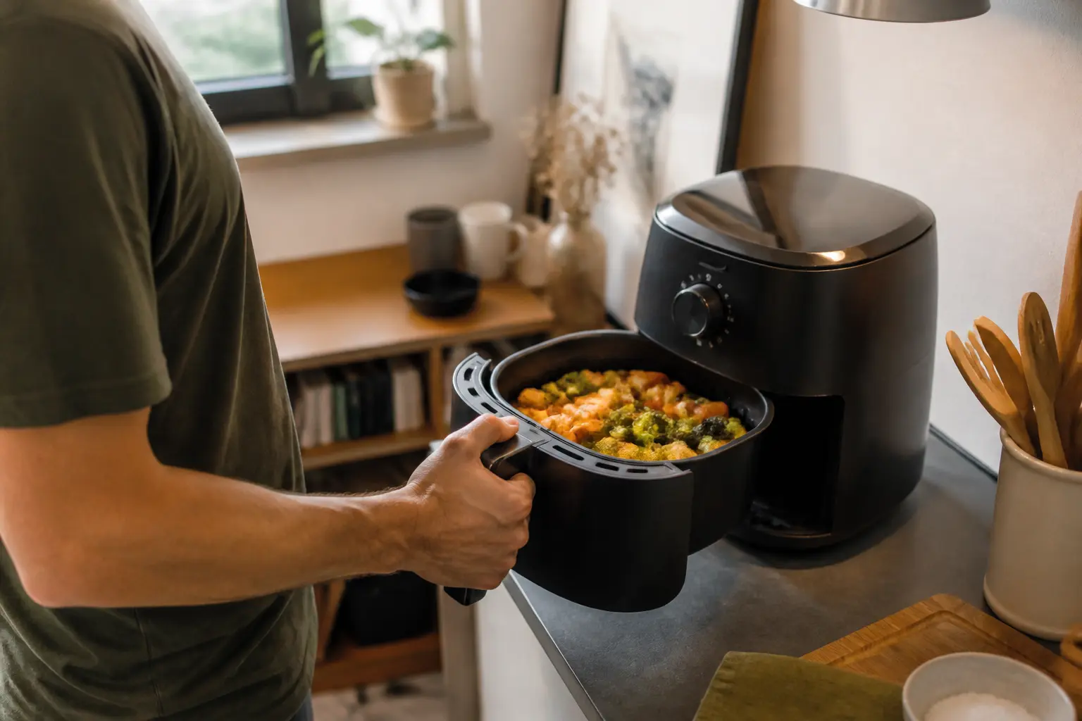 Compact air fryer beside prepared vegetables in a small bright apartment kitchen