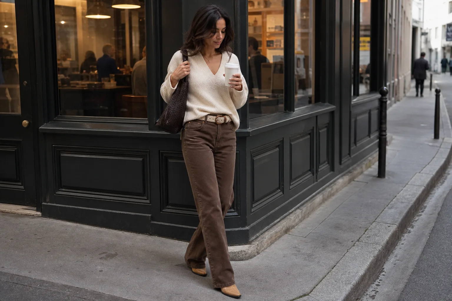 Realistic editorial lifestyle scene illustrating how to wear the brown jeans fashion trend in real life