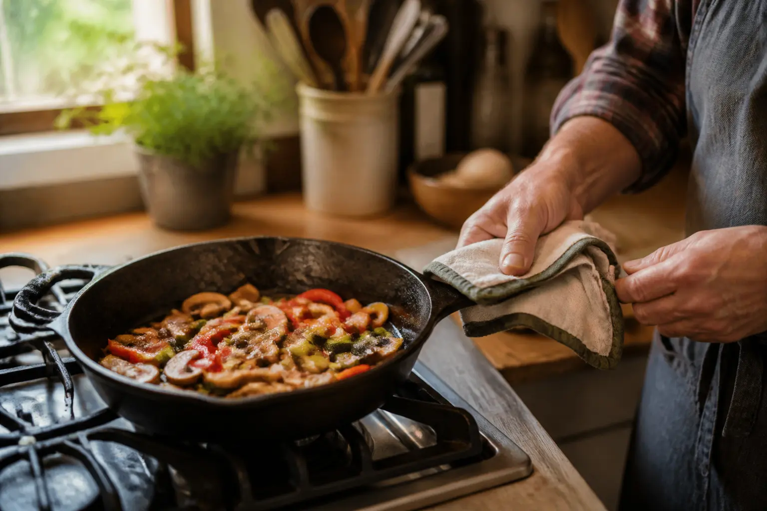Cast-iron skillet with vegetables and a small care kit on a lived-in kitchen counter