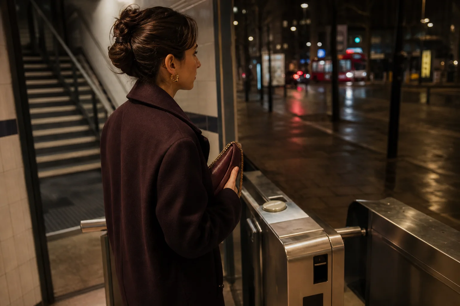 Realistic editorial lifestyle scene illustrating going-out fashion that works from dinner to the last train