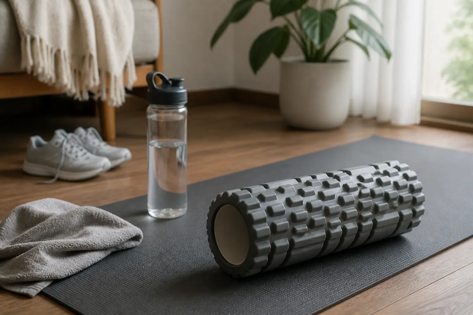 Medium-density foam roller beside a water bottle and mat after a gentle home workout