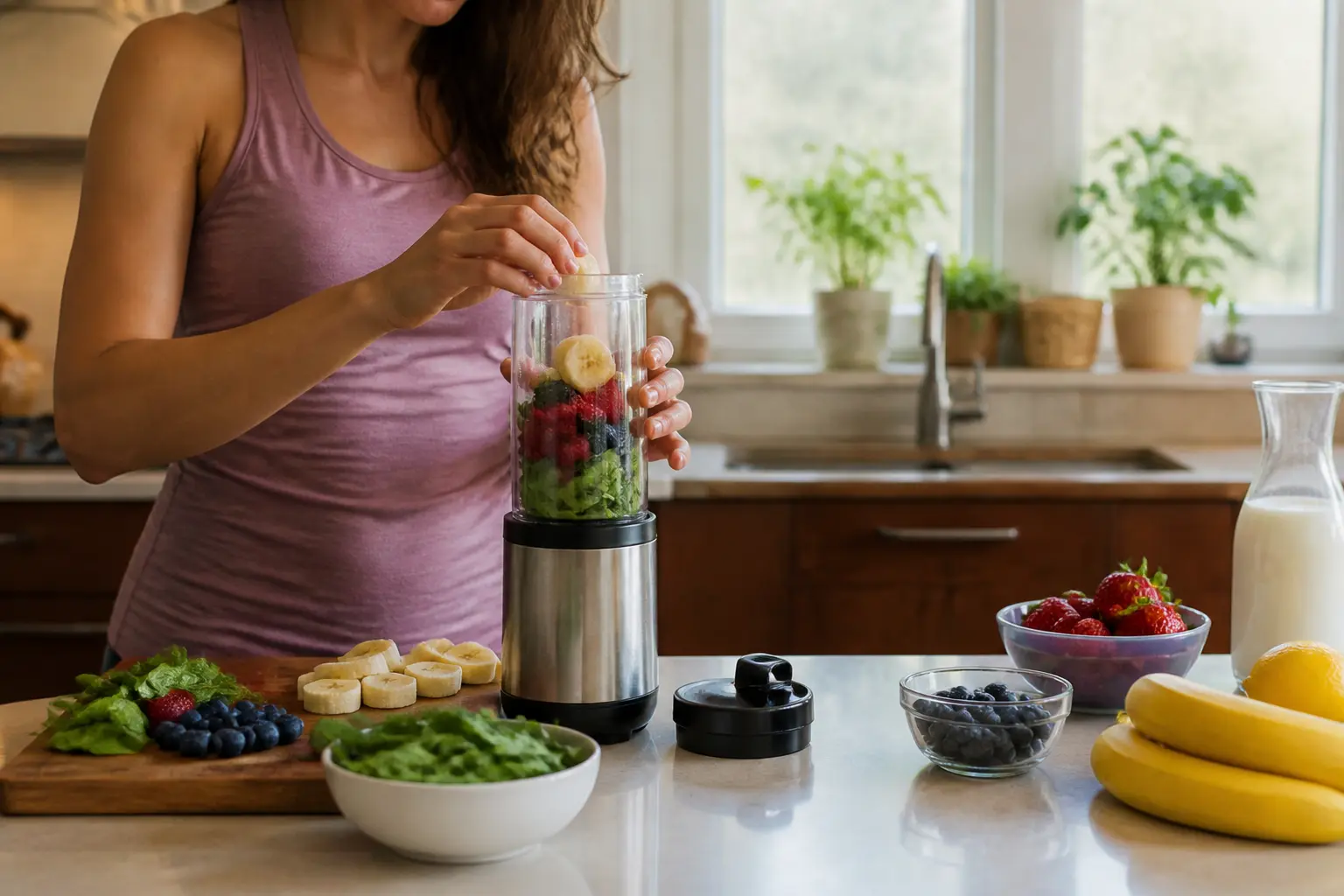 Fresh smoothie ingredients and a compact personal blender on a morning kitchen counter