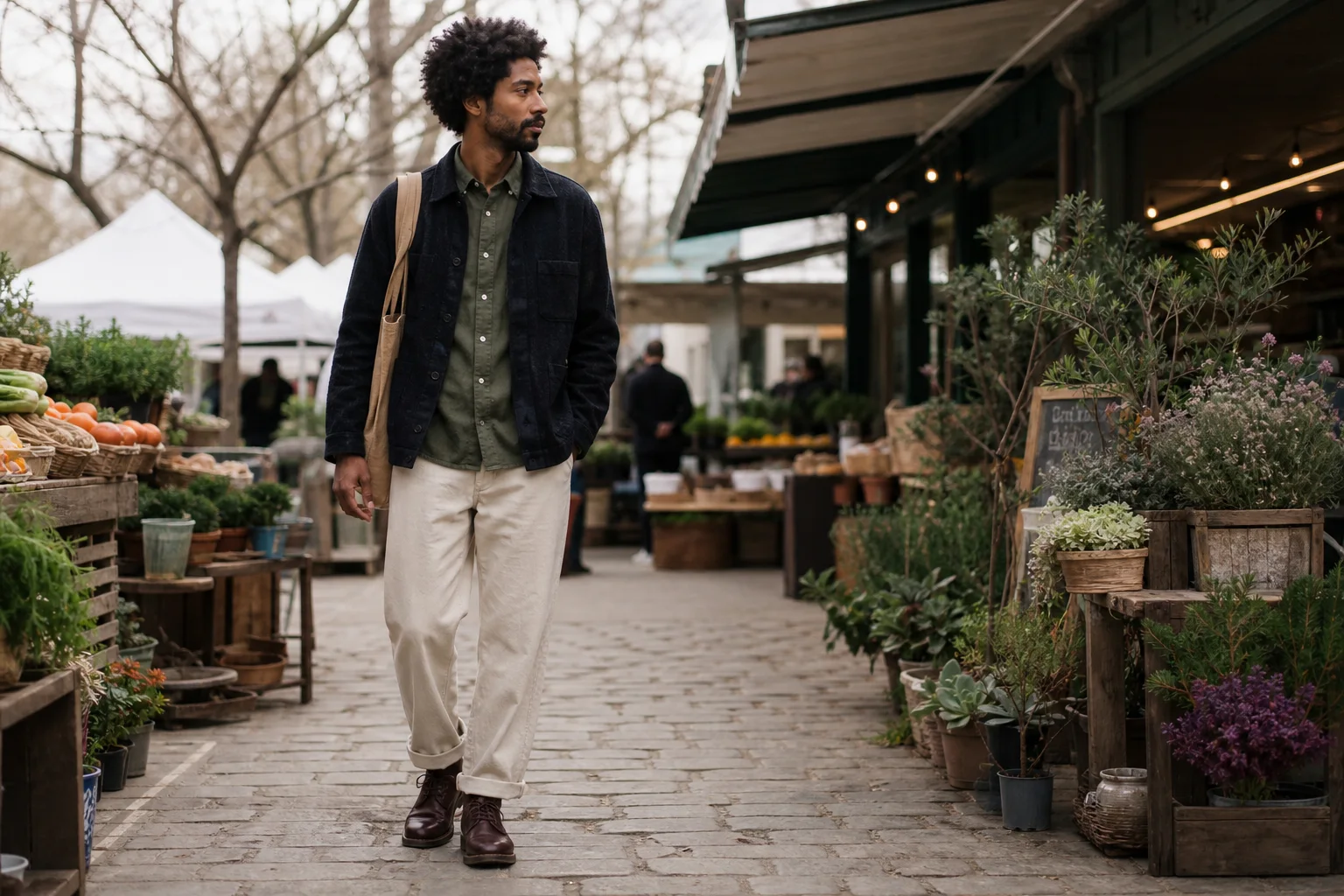 Realistic editorial lifestyle scene illustrating hipster fashion without the costume: texture, utility, and fit