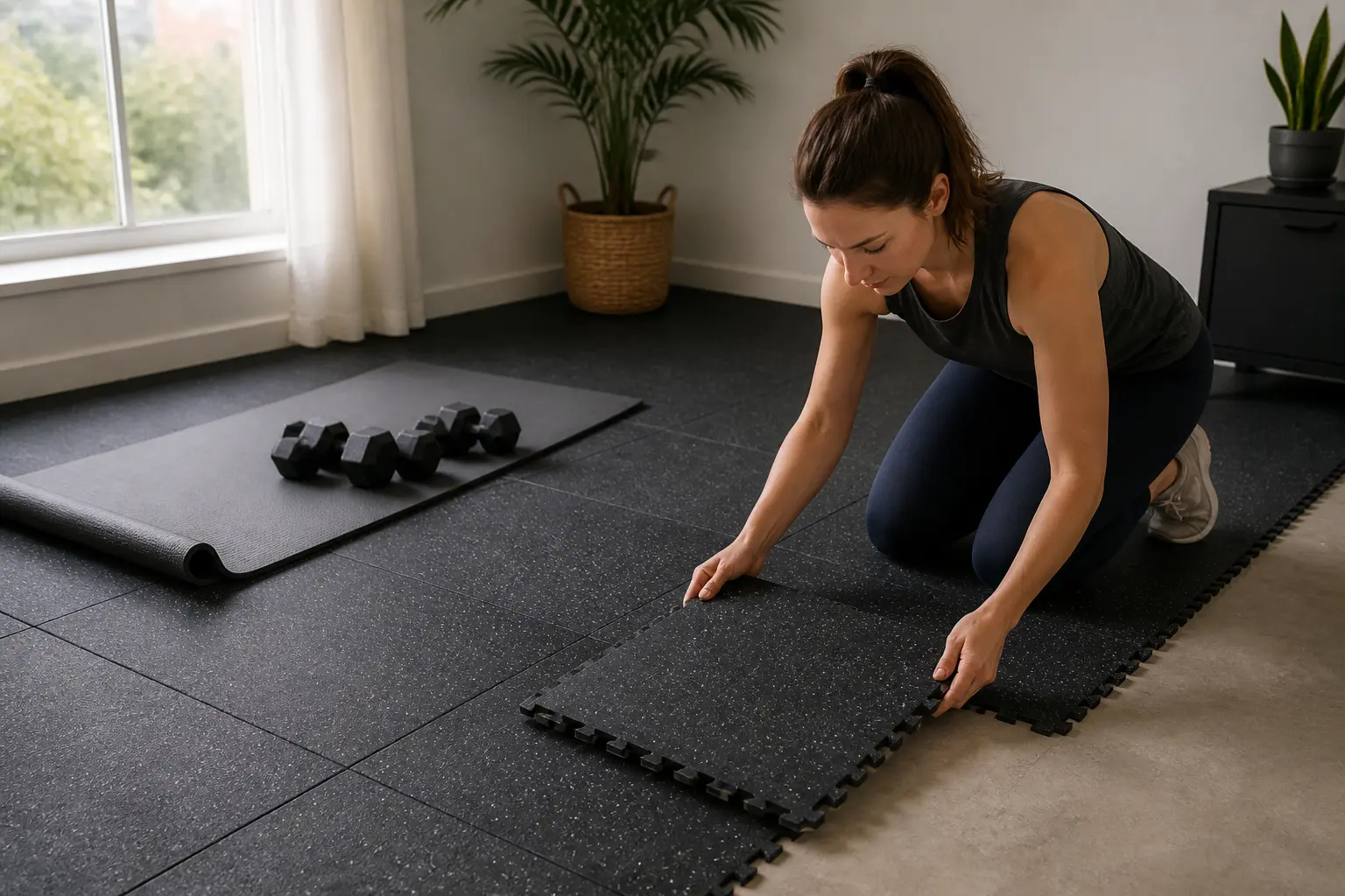 Modular workout flooring being fitted in a tidy apartment fitness corner