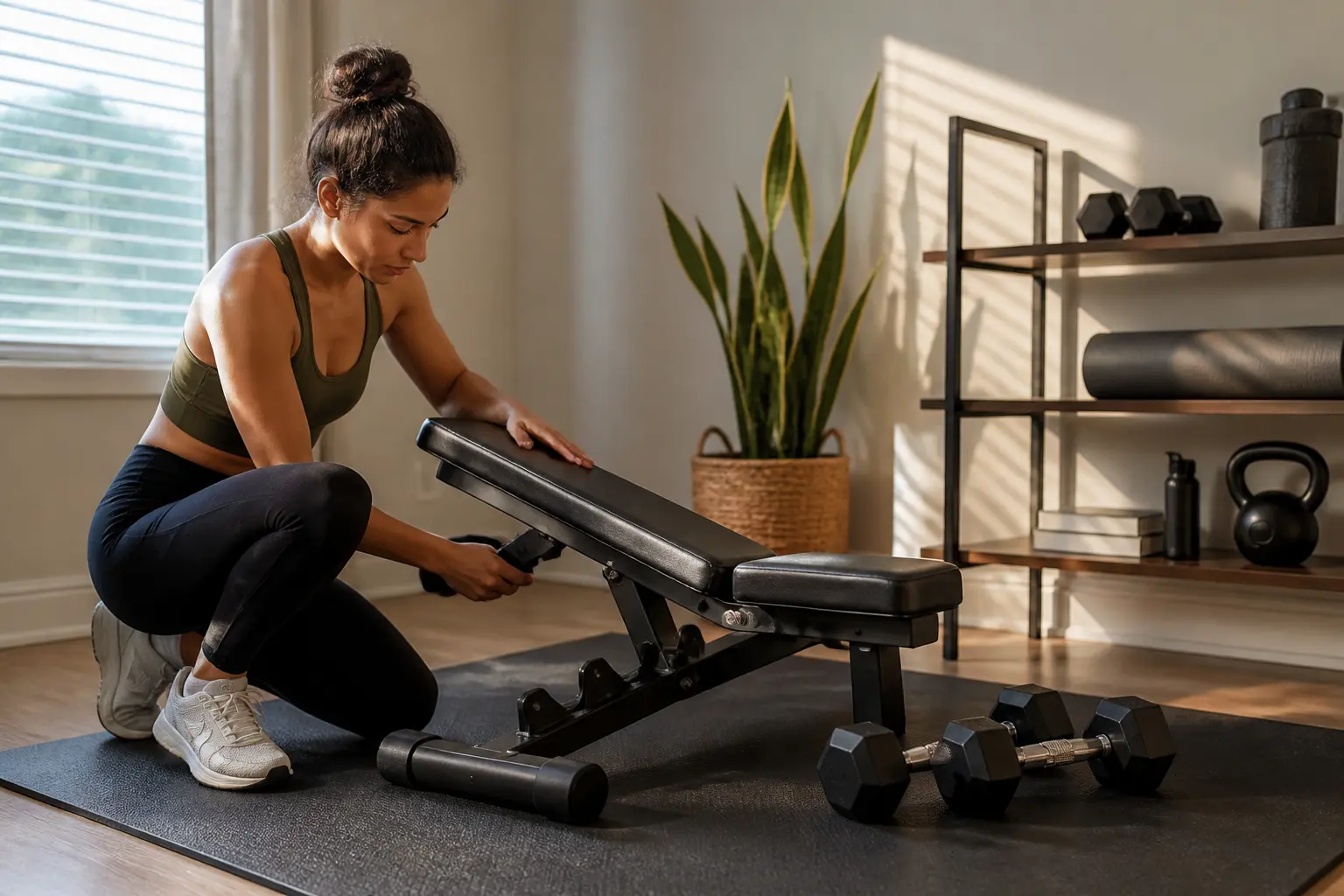 Compact adjustable workout bench and dumbbells in a tidy home fitness space