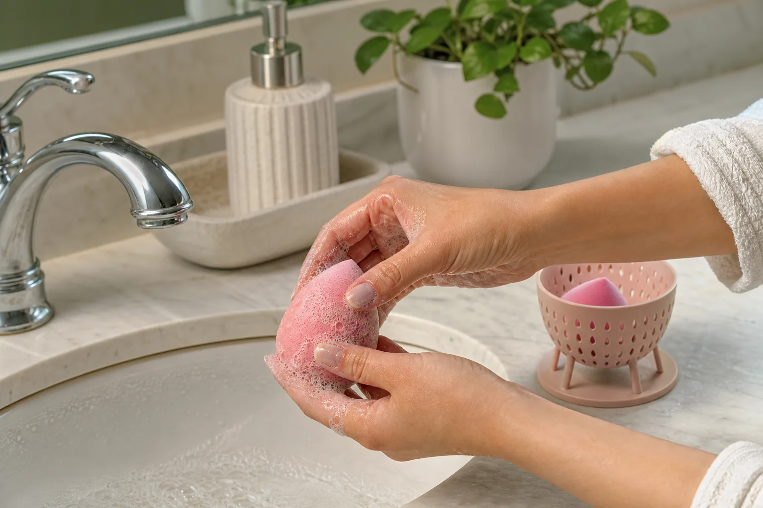 Realistic editorial lifestyle scene illustrating how to clean a beauty blender without damaging it