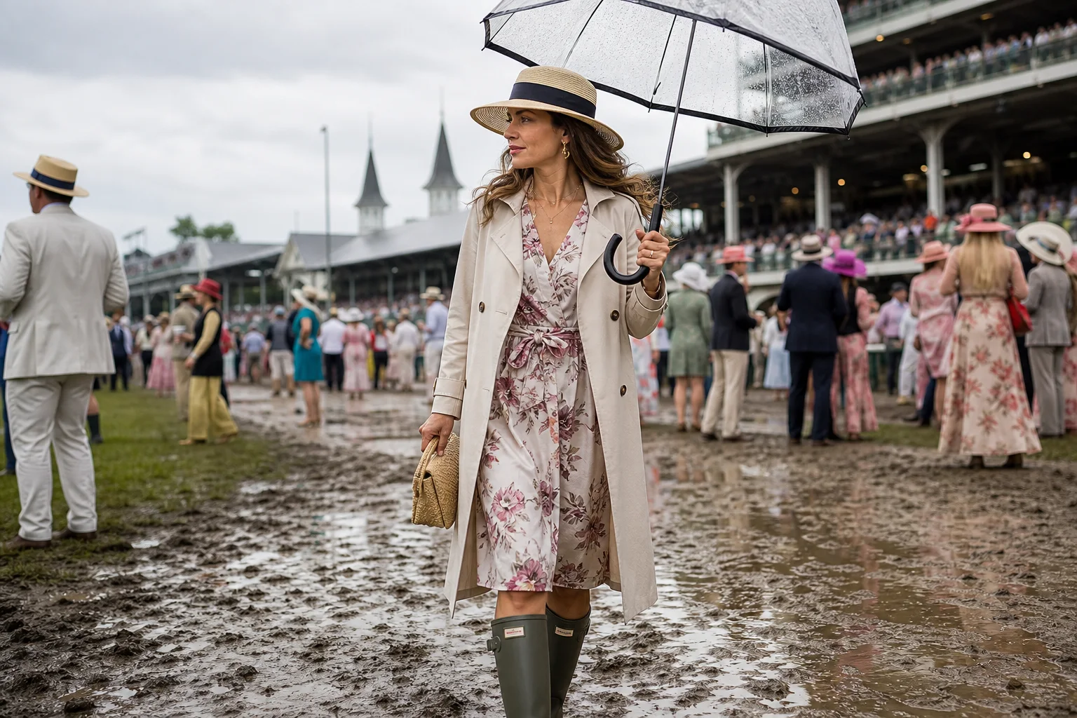 Realistic editorial lifestyle scene illustrating kentucky derby fashion: an elegant outfit built for weather