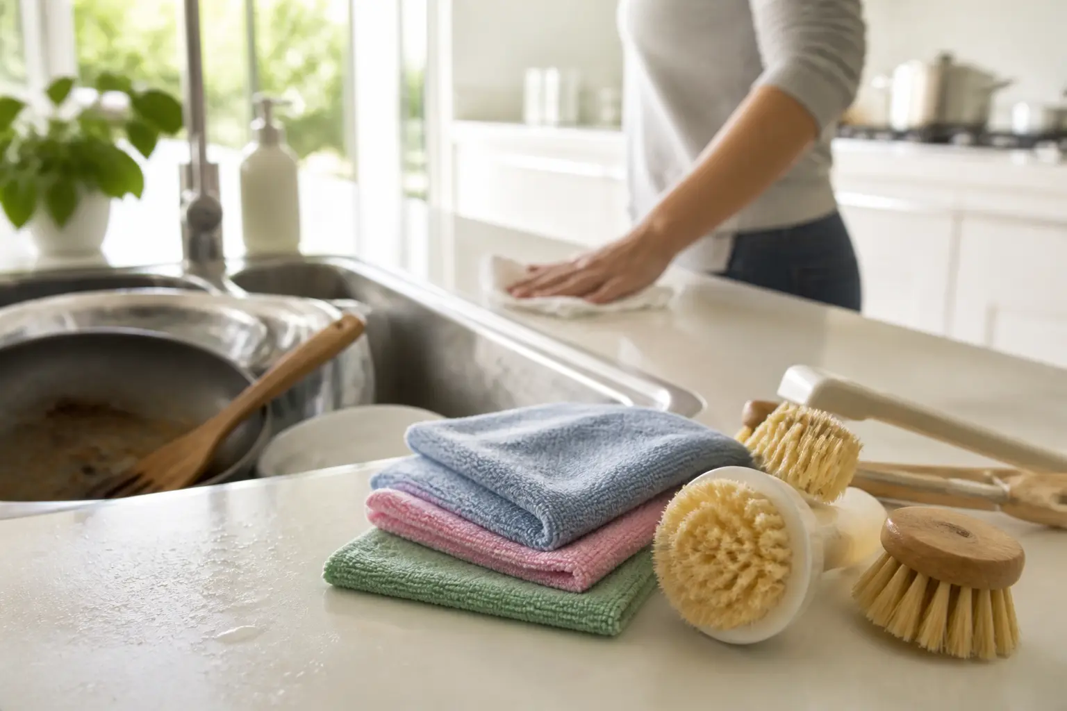 Washable kitchen cleaning brushes and cloths arranged beside a sink after cooking