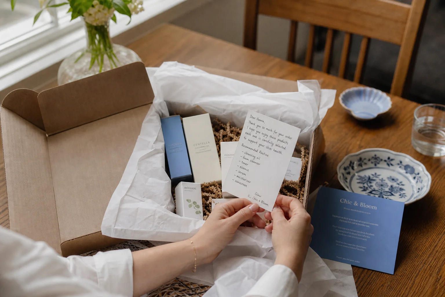 Realistic editorial lifestyle scene illustrating top korean beauty product categories for a focused first order