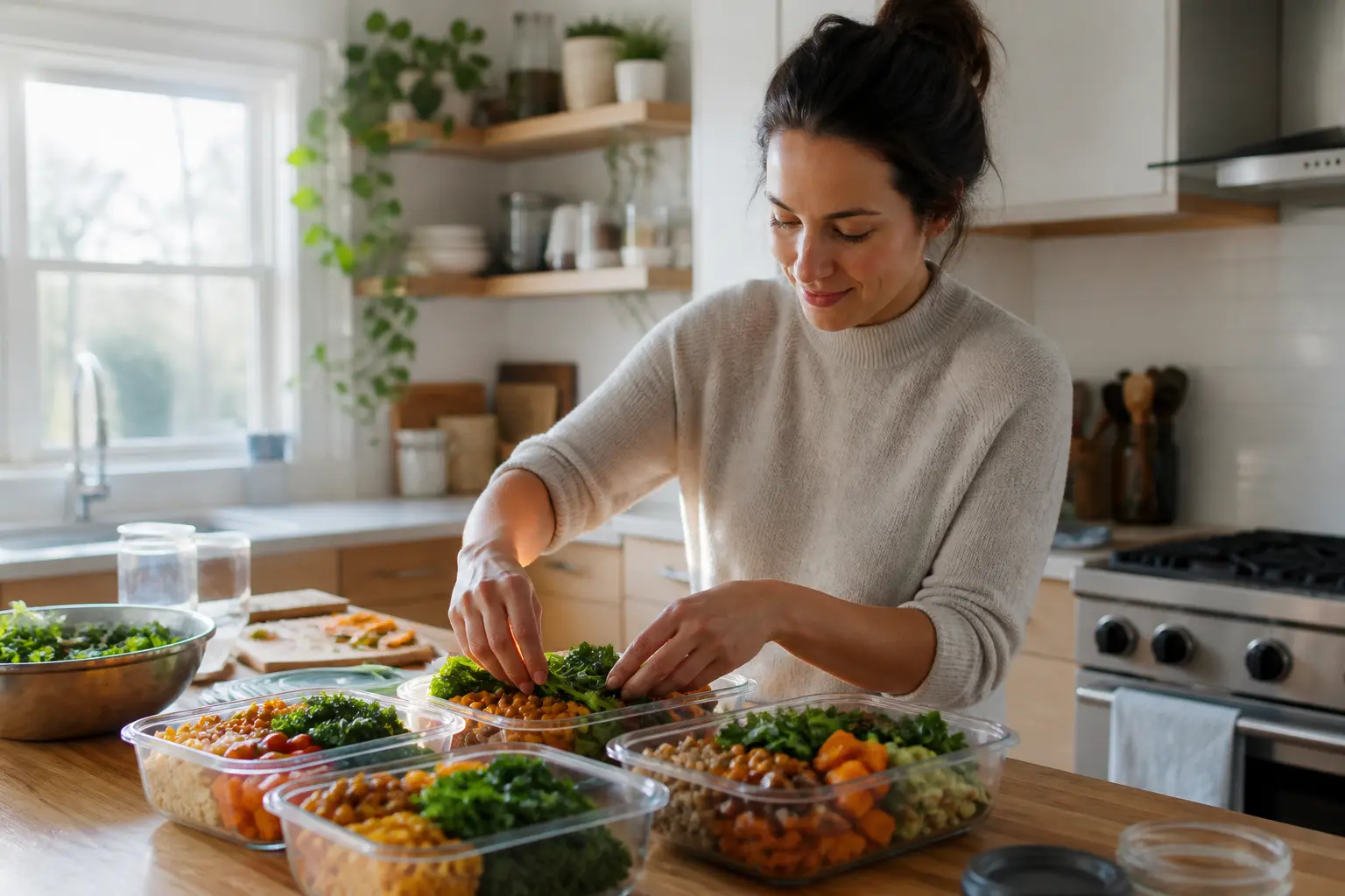 Glass meal prep containers filled with colorful weekday lunches on a bright kitchen counter