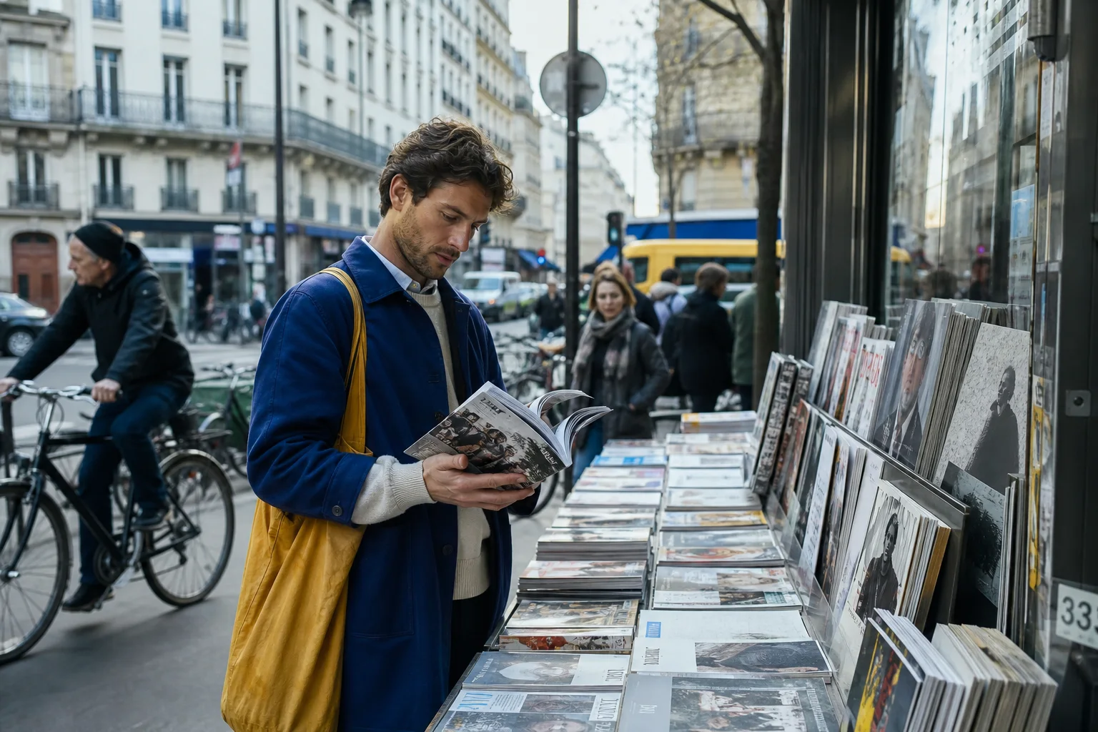 Realistic editorial lifestyle scene illustrating men's fashion publications: choosing subscriptions you will read