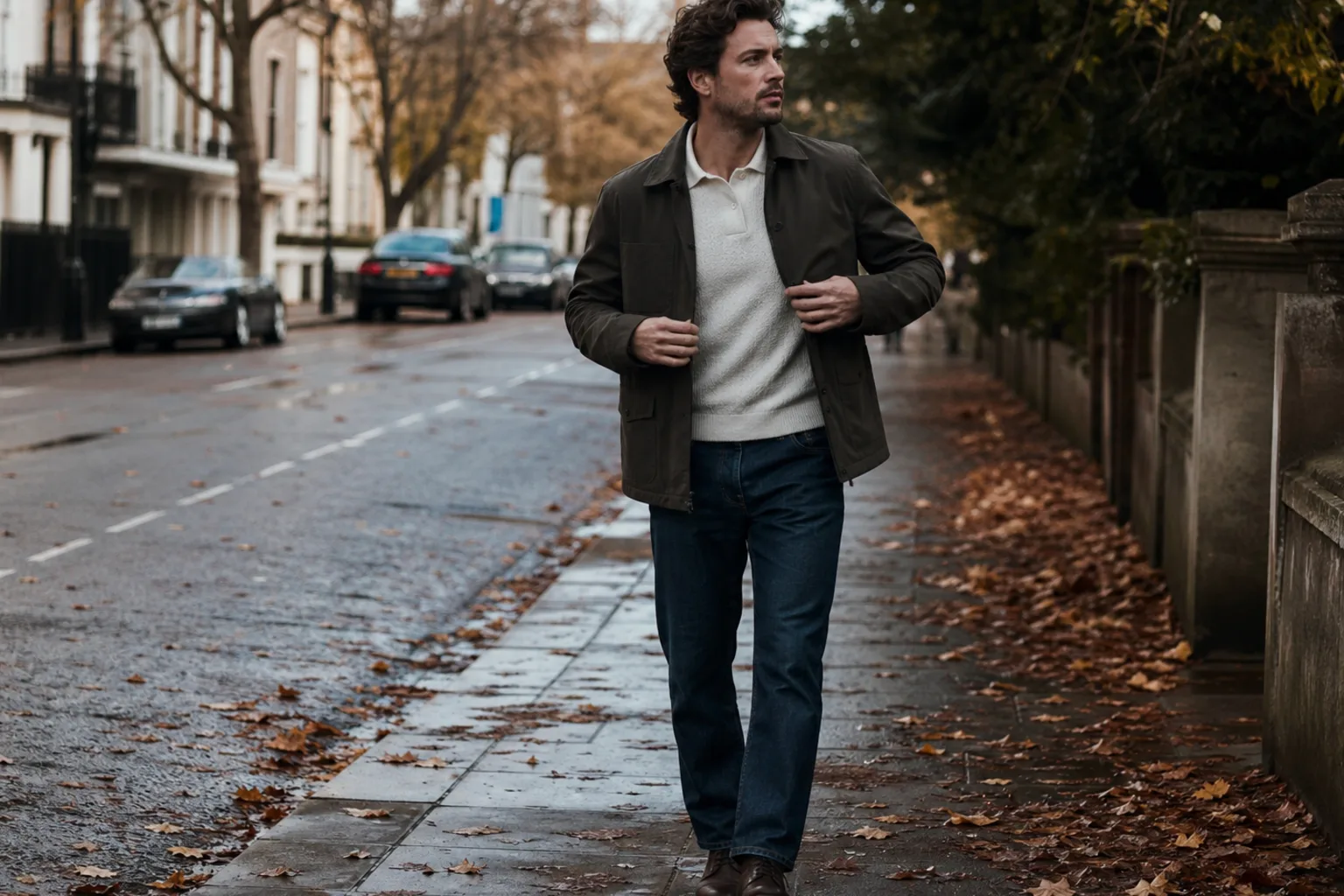 Realistic editorial lifestyle scene illustrating men's autumn fashion trends: a layering plan for changeable days