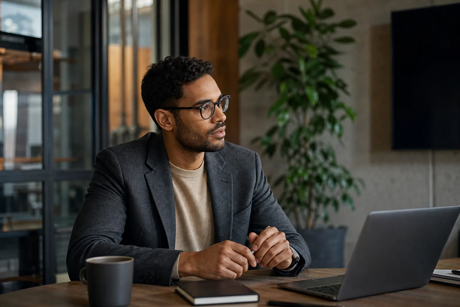 Realistic editorial lifestyle scene illustrating men's eyeglasses fashion trends: frames that suit real life