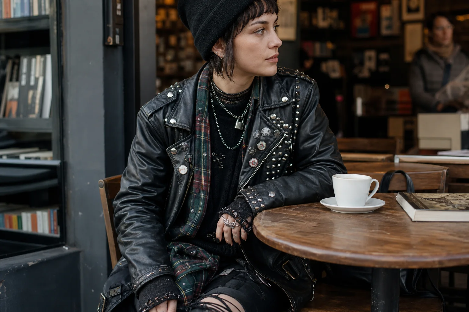 Realistic editorial lifestyle scene illustrating punk fashion style: building an outfit with substance
