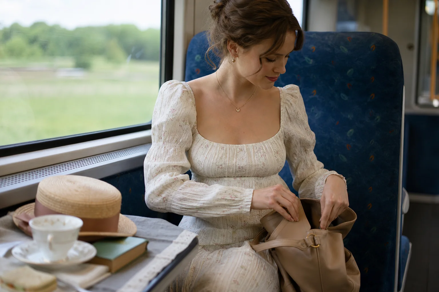 Realistic editorial lifestyle scene illustrating regency era fashion: modern ways to wear romantic details