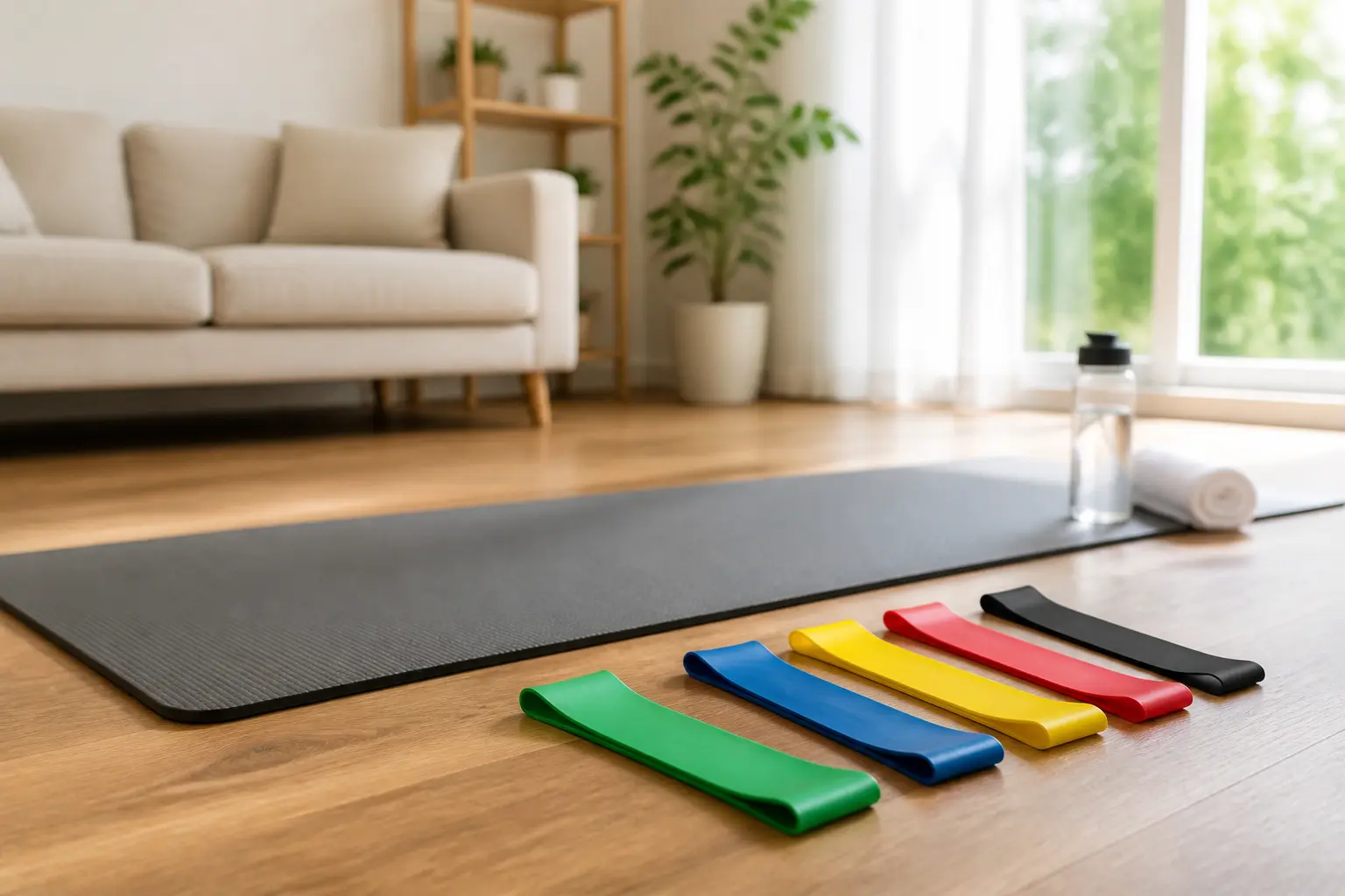 Color-coded resistance bands arranged beside a yoga mat in a home living room