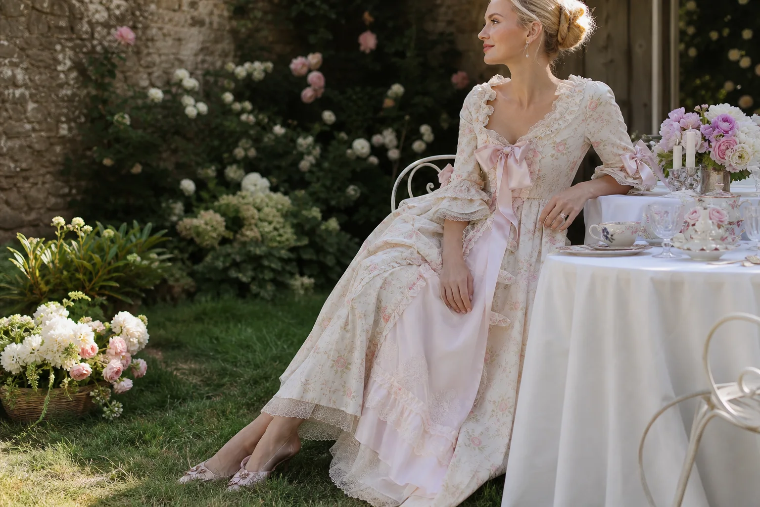 Realistic editorial lifestyle scene illustrating rococo fashion details for a light, modern statement