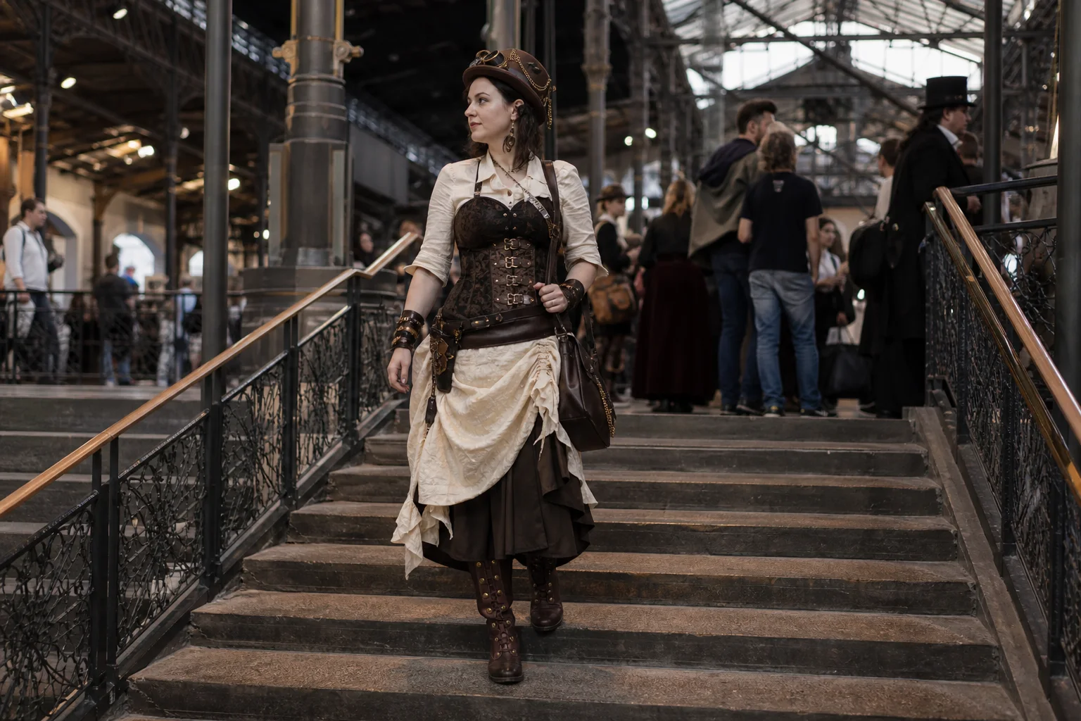 Realistic editorial lifestyle scene illustrating steampunk fashion: a starter outfit built for movement