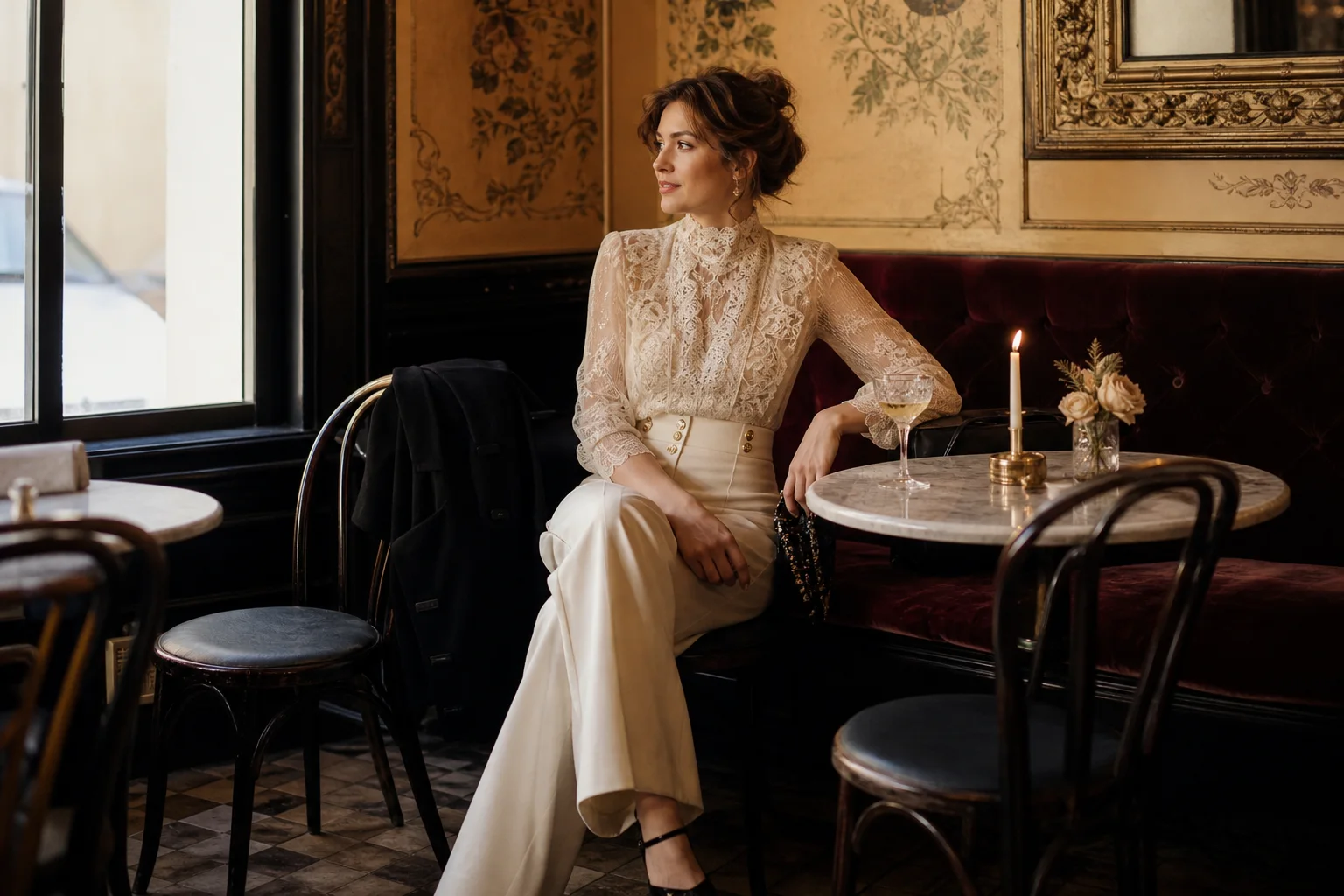 Realistic editorial lifestyle scene illustrating victorian era fashion: modern styling through texture and detail