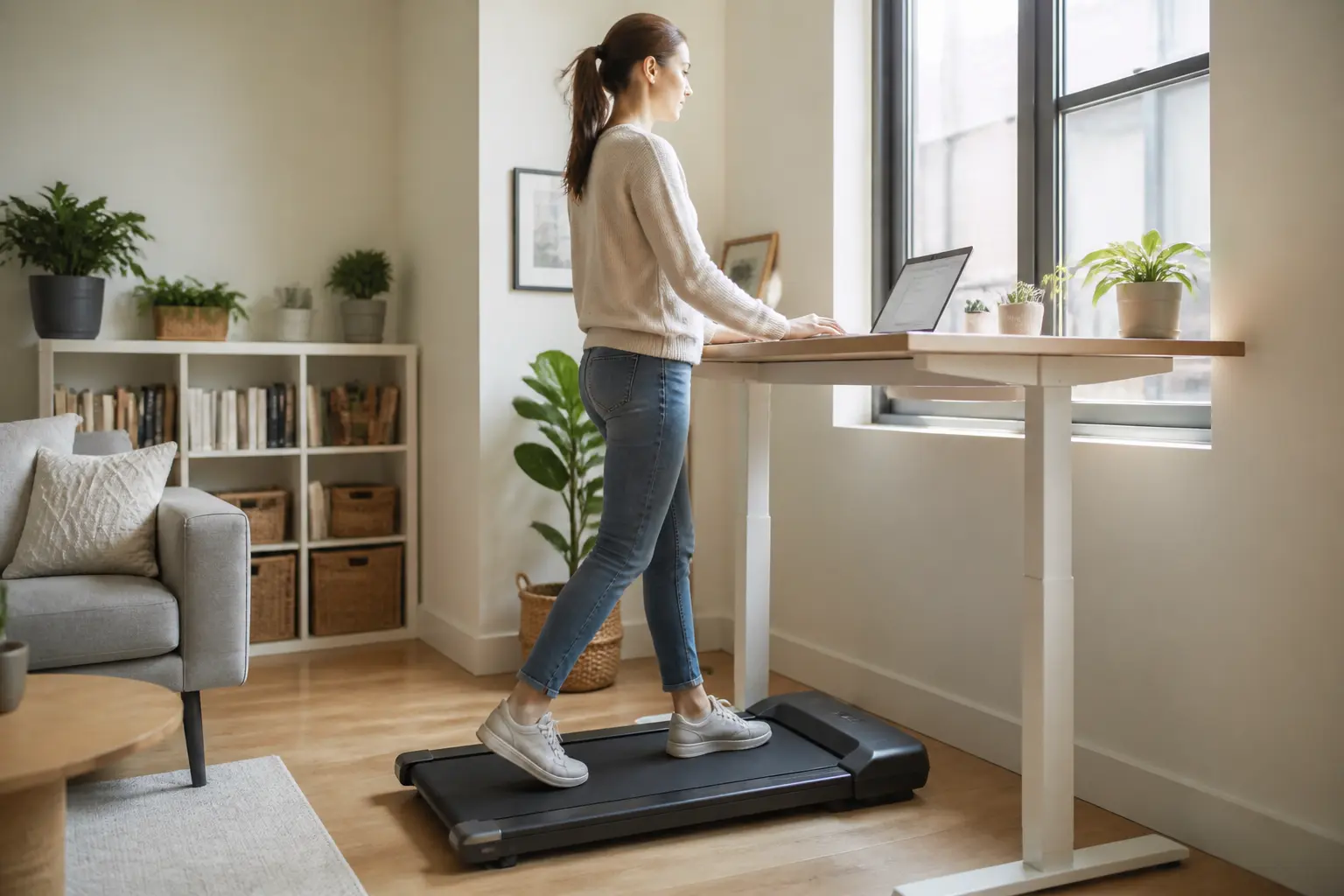 Slim walking pad tucked under a desk in a bright small apartment workspace