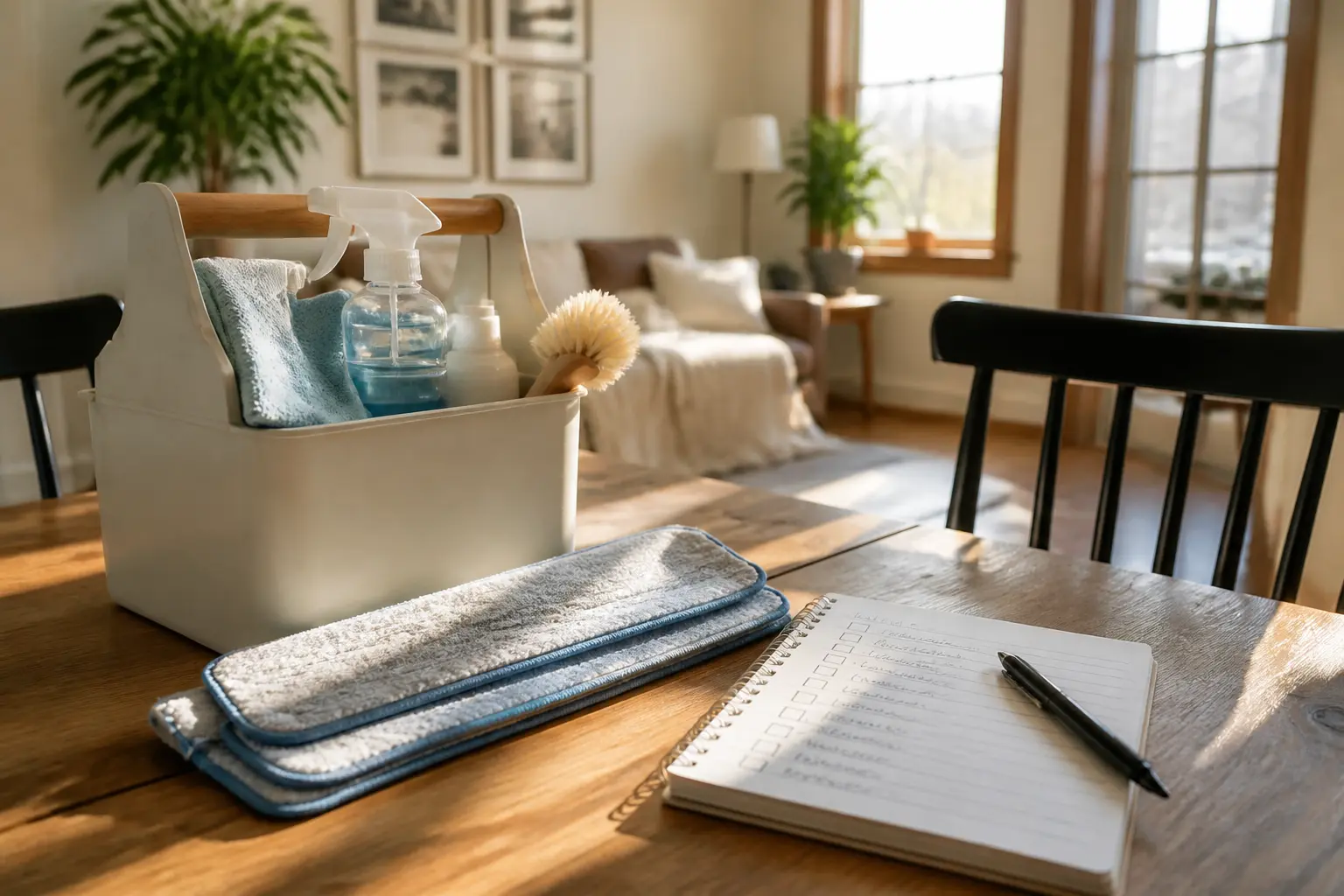 Simple cleaning caddy and checklist on a sunny kitchen table during a weekly reset