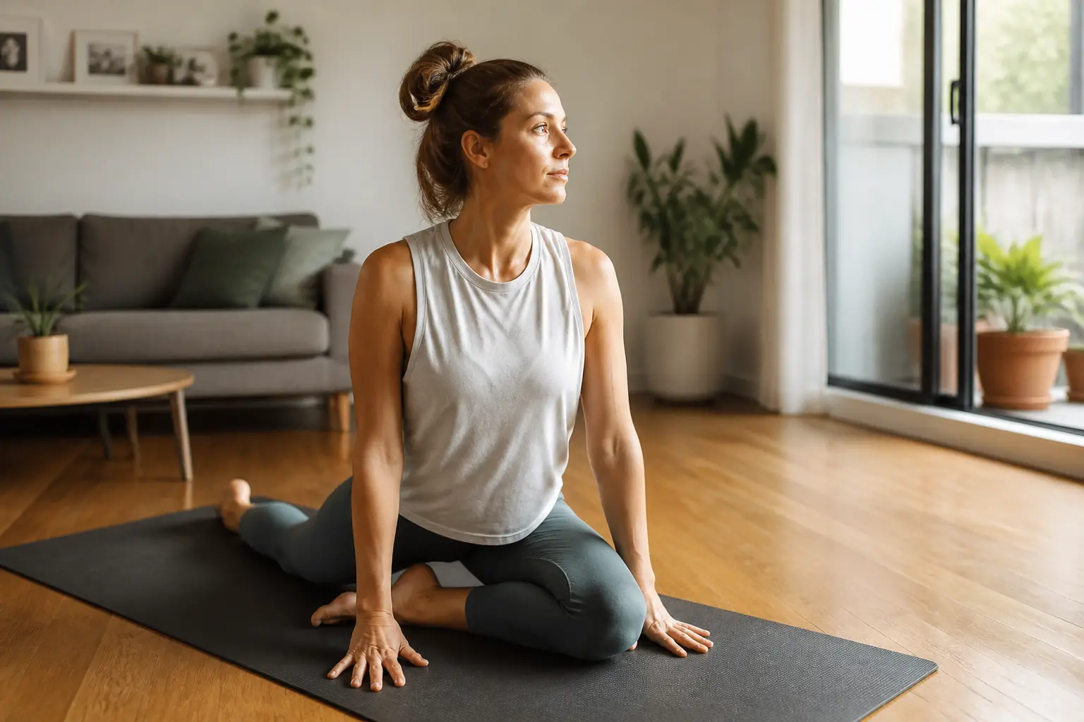 Woman practicing yoga on a non-slip mat over warm hardwood flooring at home